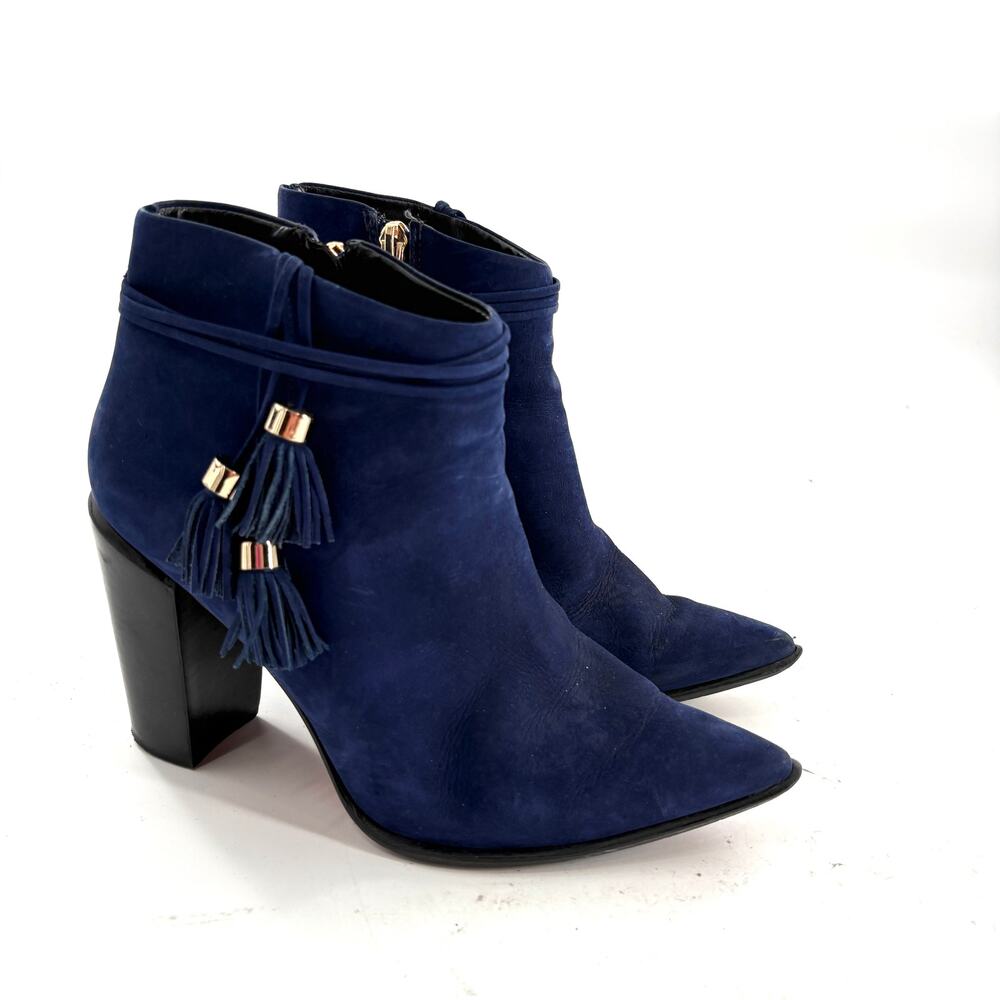 Andrea Carrano Tassel Ankle Boots 8 Blue Suede Wrap Booties Heel Glam Western